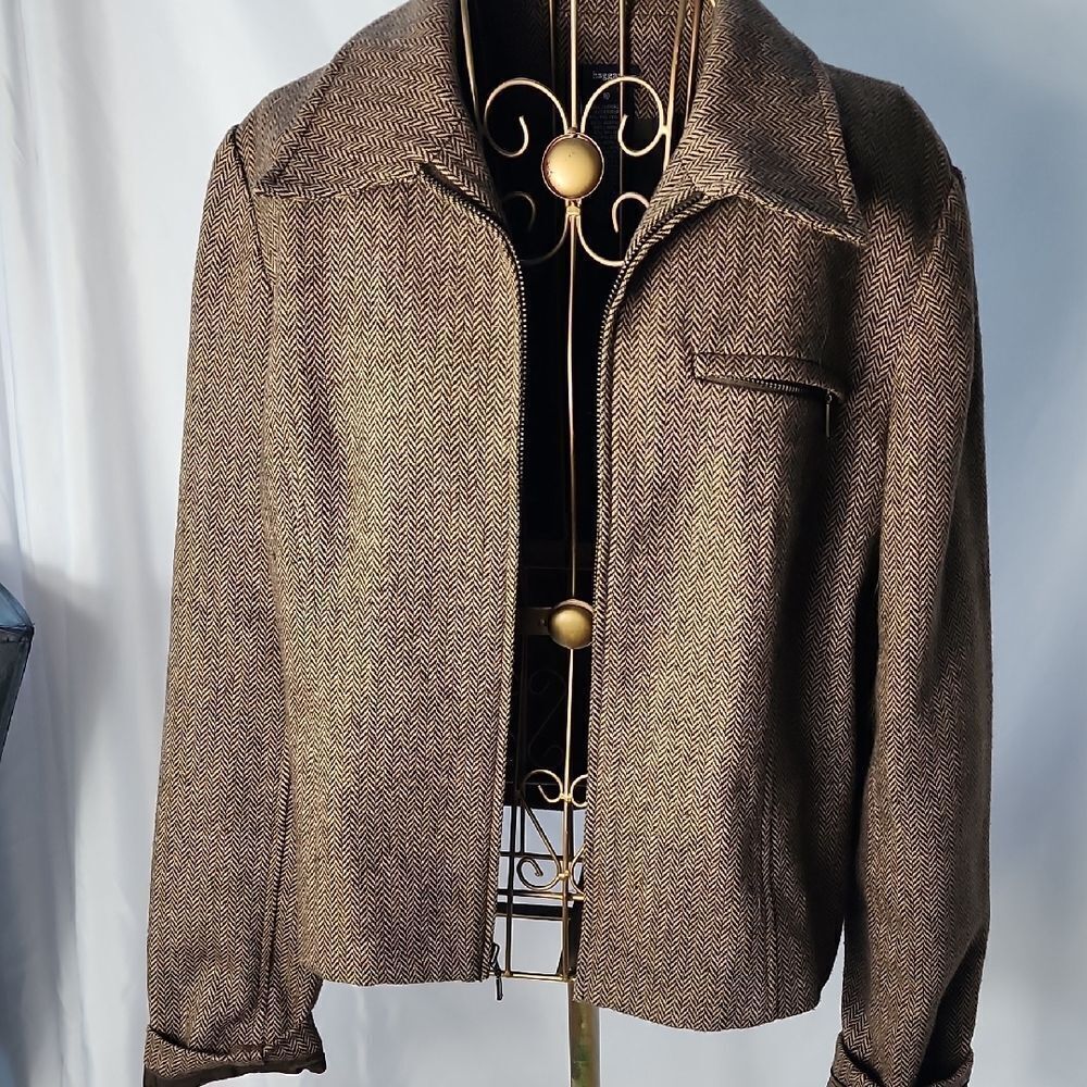 Vtg Boxy Herringbone Wool Blend Cropped Zip Up Blazer Size 10 Chocolate Brown
